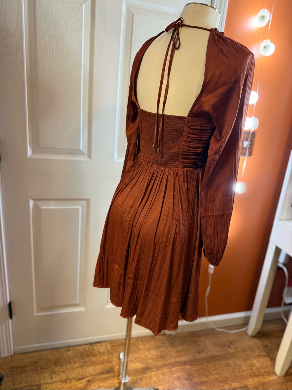 Anthropologie Rust Long-Sleeve V-Neck Pleated Dress - Picture 3 of 5